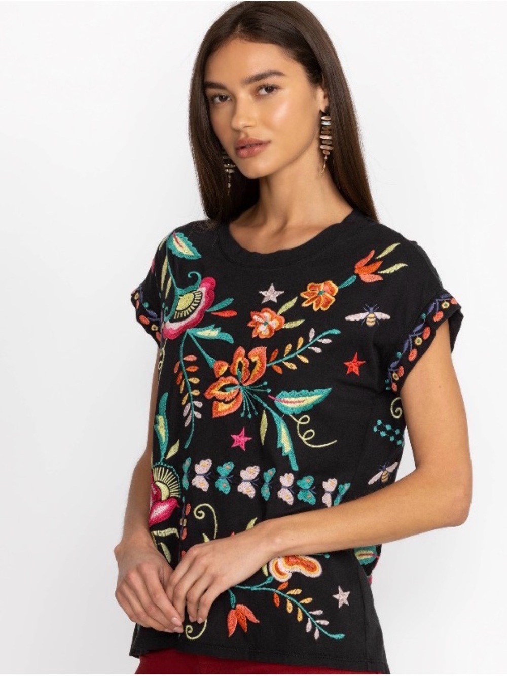 Johnny Was Black Short-Sleeve Embroidered Floral Tee with Multicolor Stitching
